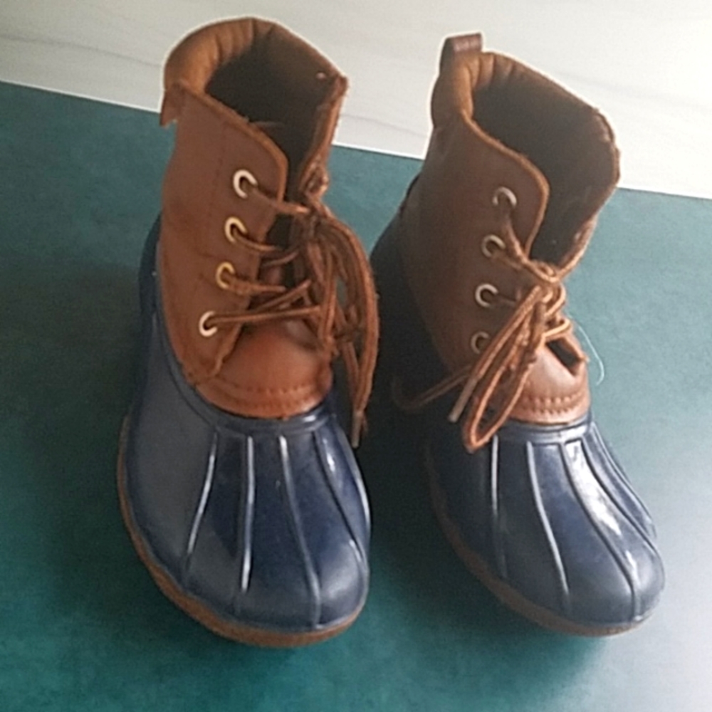 Yokids Kids Girls Duck Rain Boots size 1 brown blue lace up fleece lined